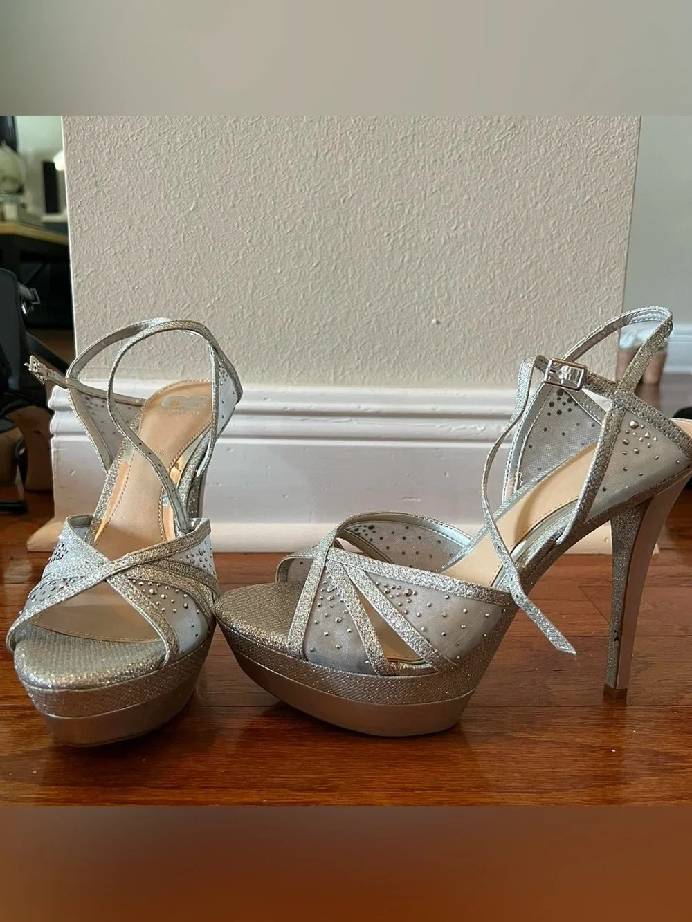 Gianni Bini Silver Rhinestone Platform Strappy Heels